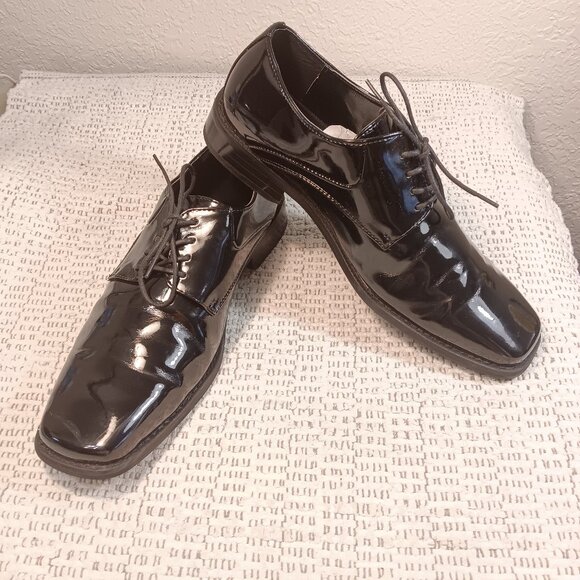 Stafford Essentials men's black patent leather tuxedo dress derby shoes sz 10 M - Picture 1 of 13